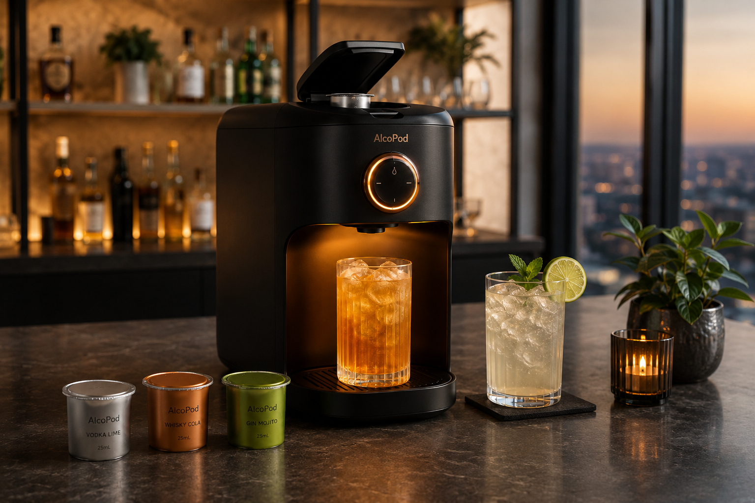AlcoPod matte black countertop drinks machine dispensing a highball over ice with three aluminium shot pods beside it