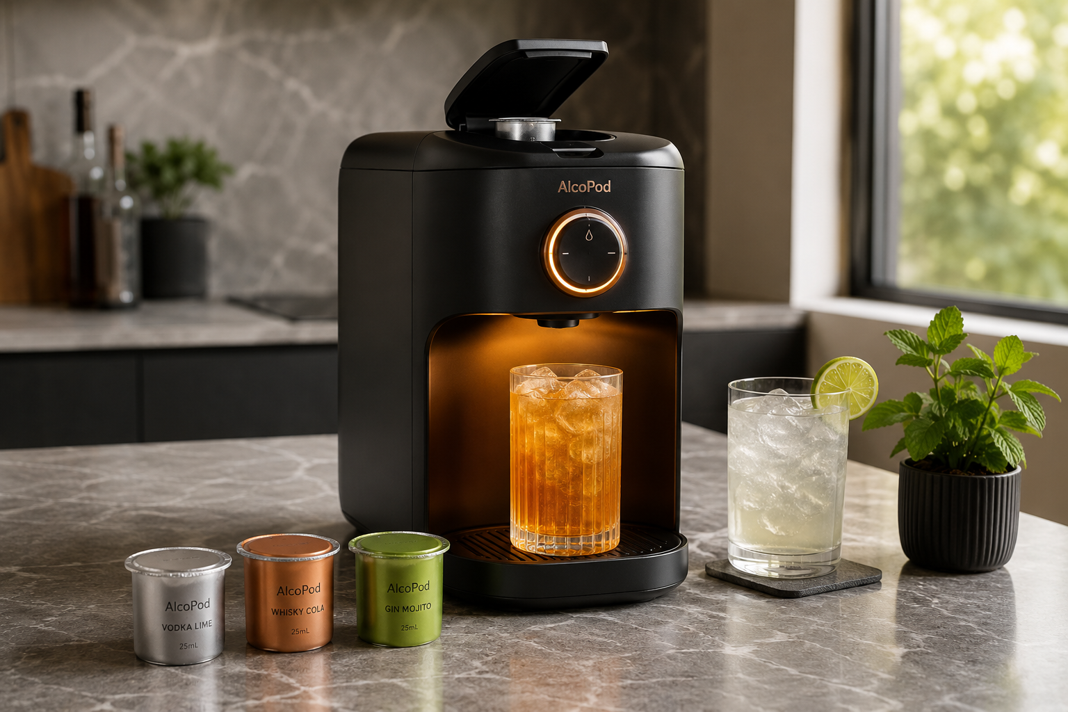 AlcoPod machine sitting on a stone kitchen bench beside three branded shot pods